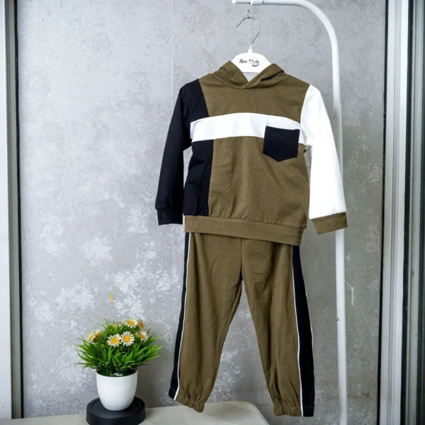 Multi-tone color block 2 pcs Outfit with olive green, white, and black design, featuring a hooded sweatshirt with a front pocket and matching jogger pants, displayed on a hanger