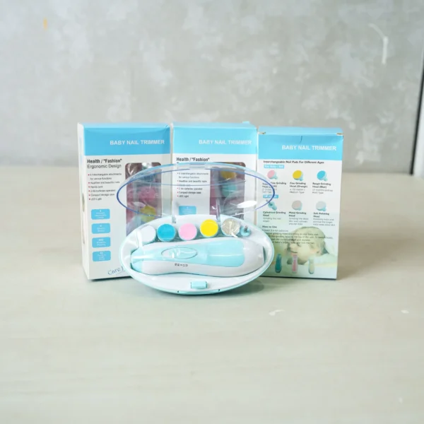 A set of baby nail trimmers with ergonomic design, displayed with their packaging. The trimmer set includes multiple interchangeable nail pads for different ages, with color-coded options for safe and gentle trimming. The packaging highlights features such as LED light, 360° rotation, and battery operation for easy use. The main trimmer is showcased in a transparent case with different grinding pads neatly arranged inside.