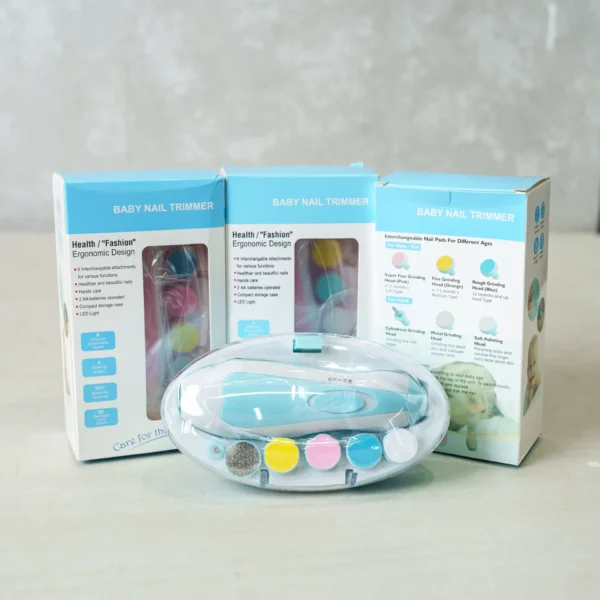 A set of baby nail trimmers with ergonomic design, displayed with their packaging. The trimmer set includes multiple interchangeable nail pads for different ages, with color-coded options for safe and gentle trimming. The packaging highlights features such as LED light, 360° rotation, and battery operation for easy use. The main trimmer is showcased in a transparent case with different grinding pads neatly arranged inside.