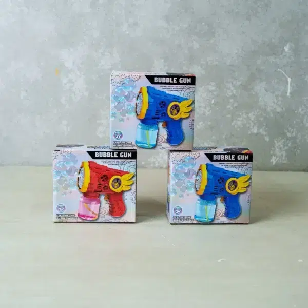 Colorful bubble gun toy for kids made of durable, non-toxic plastic, designed for safe and easy outdoor or indoor bubble play.