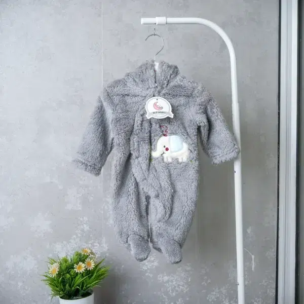 fleece baby romper with hood and animal ears, featuring paw print knee accents, front zipper, and snap-button leg openings, displayed on a flat surface.