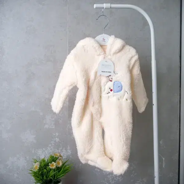 fleece baby romper with hood and animal ears, featuring paw print knee accents, front zipper, and snap-button leg openings, displayed on a flat surface.