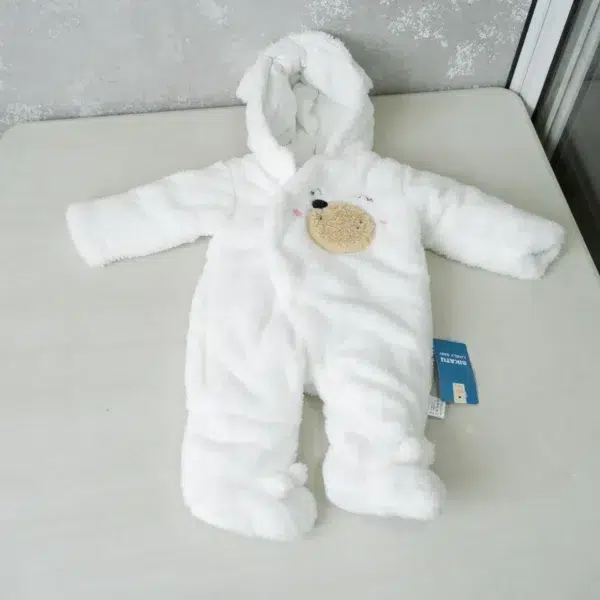 fleece baby romper with hood and animal ears, featuring paw print knee accents, front zipper, and snap-button leg openings, displayed on a flat surface.