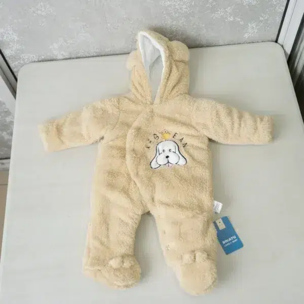 fleece baby romper with hood and animal ears, featuring paw print knee accents, front zipper, and snap-button leg openings, displayed on a flat surface.