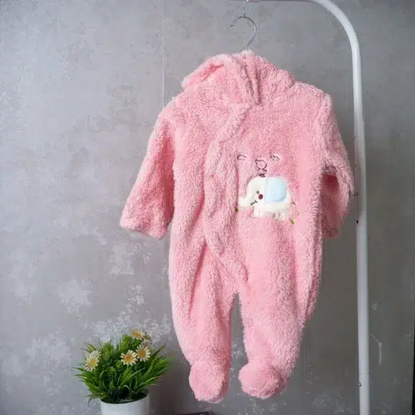 fleece baby romper with hood and animal ears, featuring paw print knee accents, front zipper, and snap-button leg openings, displayed on a flat surface.