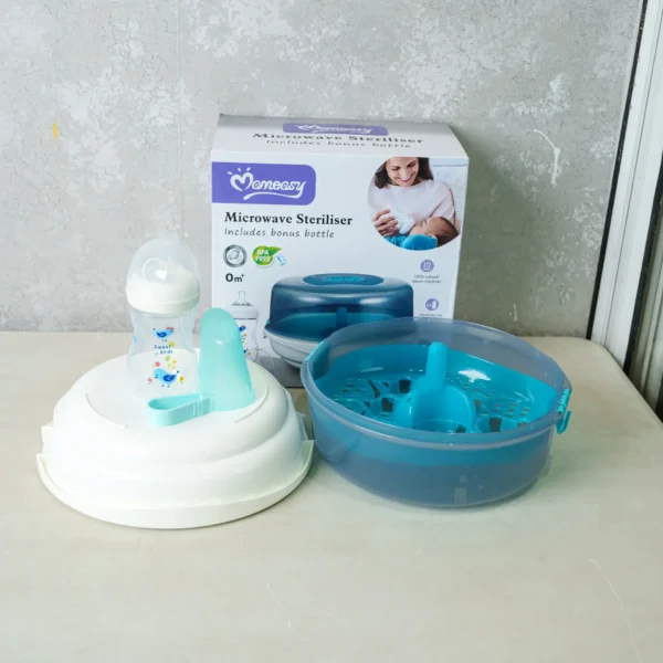 Complete microwave sterilizer set displayed with the packaging box, bottle, lid, and tray shown separately for a full view of components.