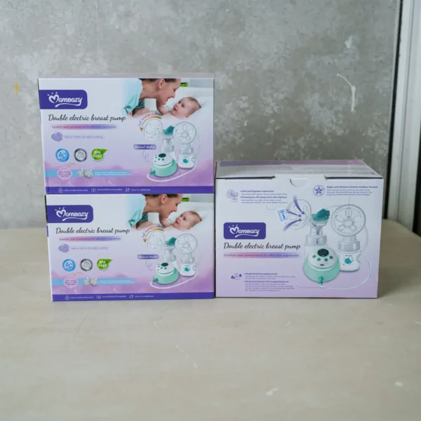 Momeasy Double Rechargeable Breast Pump with dual bottles, soft silicone flanges, digital control unit, and USB charging capability, designed for comfort, portability, and efficient milk expression.